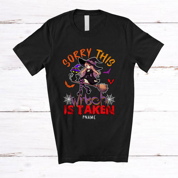 MacnyStore - Personalized Custom Name Sorry This Witch Is Taken; Lovely Halloween Witch Cat Broomstick T-Shirt