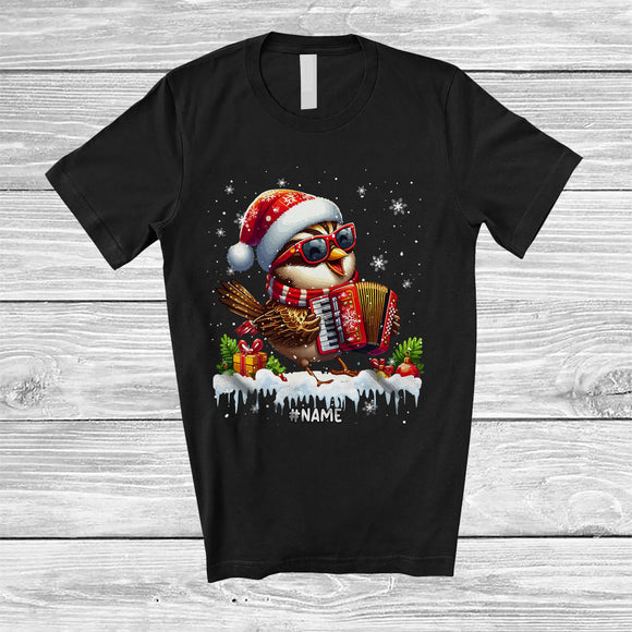 MacnyStore - Personalized Custom Name Sparrow Playing Accordion; Joyful Christmas Musical Instruments Bird T-Shirt
