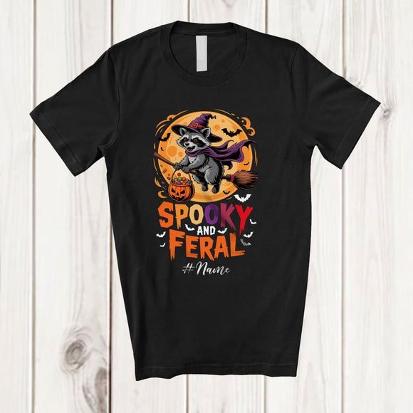 MacnyStore - Personalized Custom Name Spooky And Feral; Humorous Halloween Moon Raccoon Witch T-Shirt
