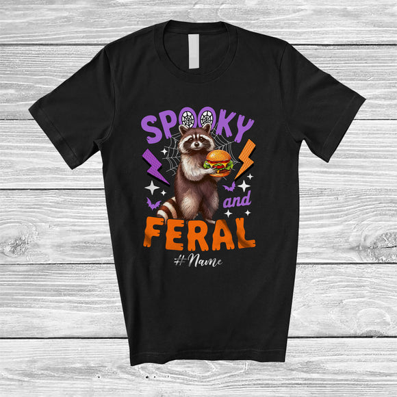 MacnyStore - Personalized Custom Name Spooky And Feral; Lovely Halloween Raccoon Raccoon Eating Hamburger T-Shirt