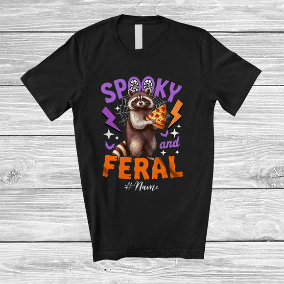 MacnyStore - Personalized Custom Name Spooky And Feral; Lovely Halloween Raccoon Raccoon Eating Pizze T-Shirt