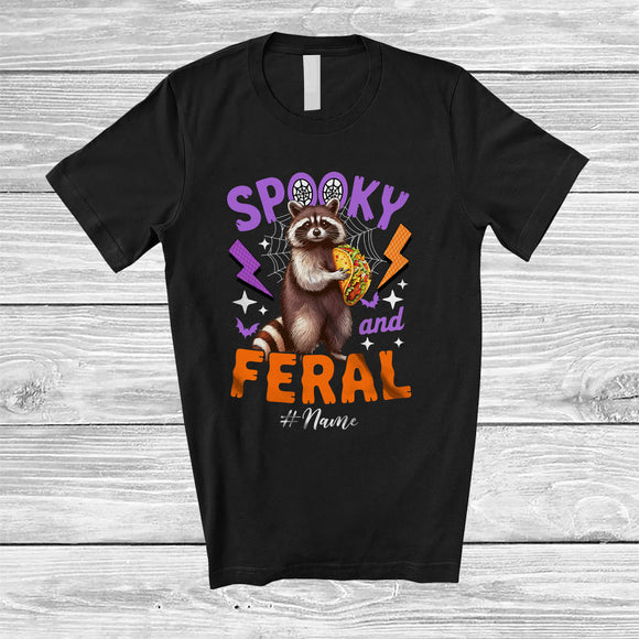 MacnyStore - Personalized Custom Name Spooky And Feral; Lovely Halloween Raccoon Raccoon Eating Taco T-Shirt