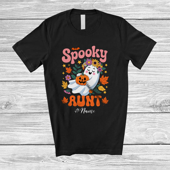 MacnyStore - Personalized Custom Name Spooky Aunt; Adorable Halloween Boo Ghost Flowers Floral; Family T-Shirt