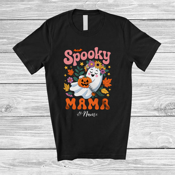 MacnyStore - Personalized Custom Name Spooky Mama; Adorable Halloween Boo Ghost Flowers Floral; Family T-Shirt
