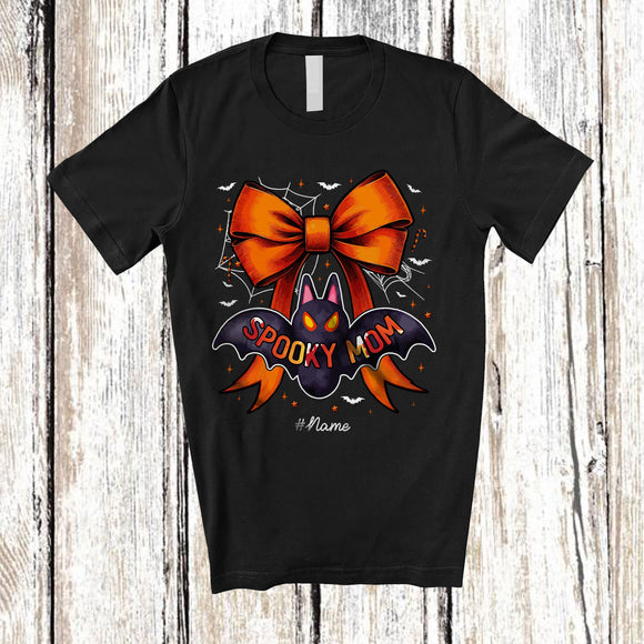 MacnyStore - Personalized Custom Name Spooky Mom; Creepy Halloween Bat Bow Tie; Women Family Group T-Shirt