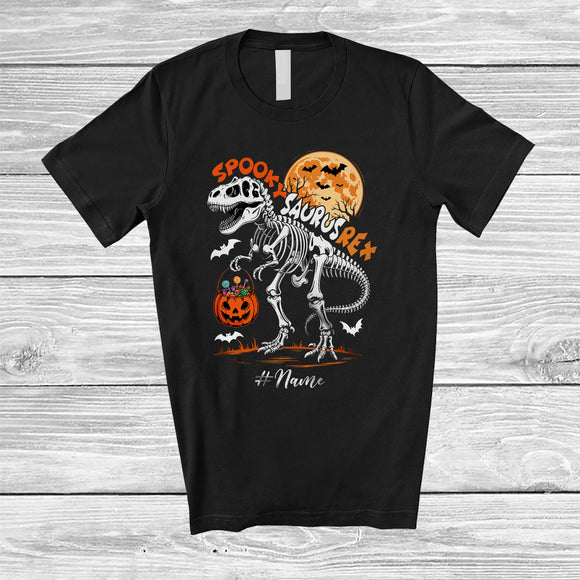 MacnyStore - Personalized Custom Name Spooky Saurus Rex; Scary Halloween Skeleton T-Rex Dinosaur T-Shirt
