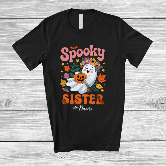 MacnyStore - Personalized Custom Name Spooky Sister; Adorable Halloween Boo Ghost Flowers Floral; Family T-Shirt