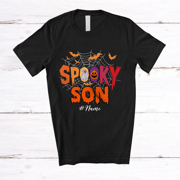 MacnyStore - Personalized Custom Name Spooky Son; Creepy Halloween Spider Web Boo Pumpkin; Family T-Shirt