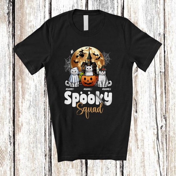 MacnyStore - Personalized Custom Name Spooky Squad; Creepy Halloween Three Pumpkin Boo Cats Animal T-Shirt