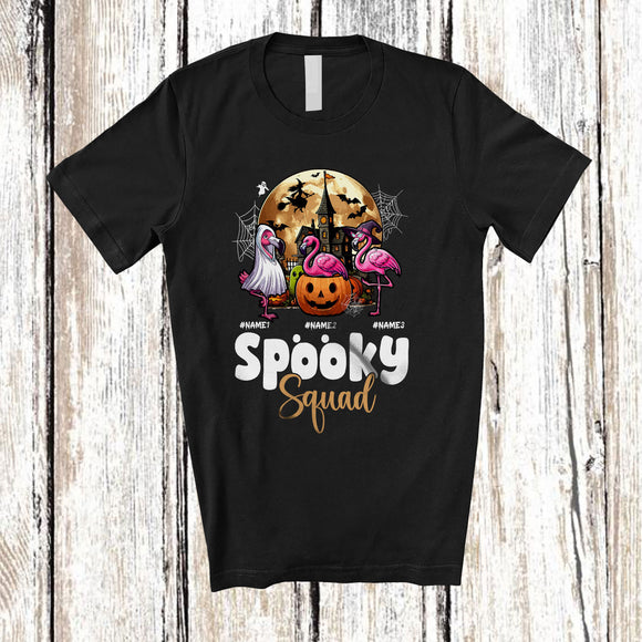 MacnyStore - Personalized Custom Name Spooky Squad; Creepy Halloween Three Pumpkin Boo Flamingos; Farmer T-Shirt