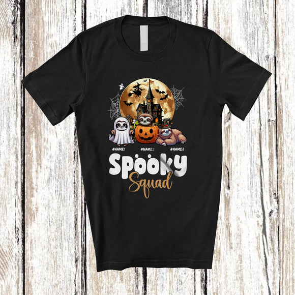 MacnyStore - Personalized Custom Name Spooky Squad; Creepy Halloween Three Pumpkin Boo Sloths Animal T-Shirt