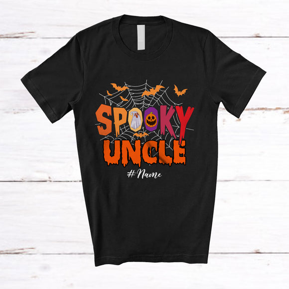 MacnyStore - Personalized Custom Name Spooky Uncle; Creepy Halloween Spider Web Boo Pumpkin; Family T-Shirt