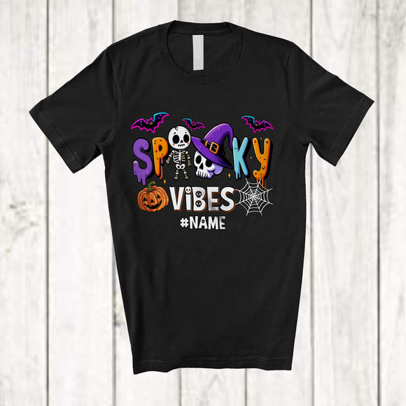 MacnyStore - Personalized Custom Name Spooky Vibes; Adorable Halloween Skeleton Skull Witch; Family T-Shirt