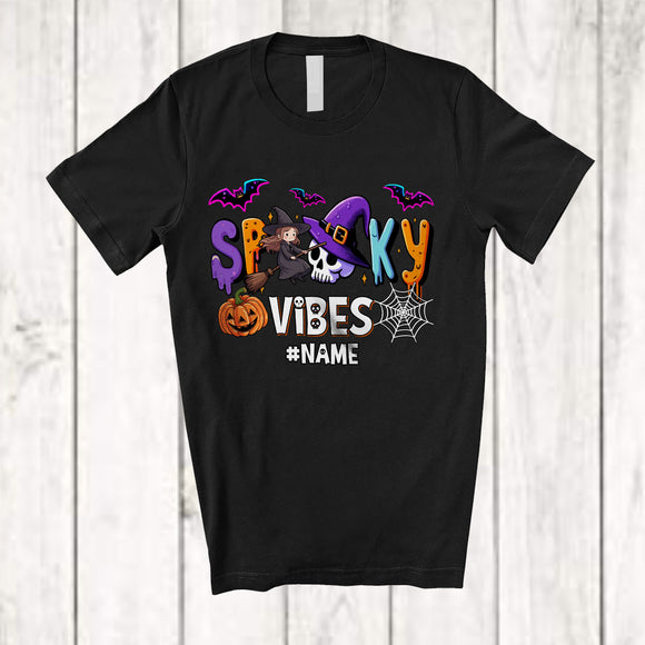 MacnyStore - Personalized Custom Name Spooky Vibes; Adorable Halloween Witch Skull; Family Group T-Shirt