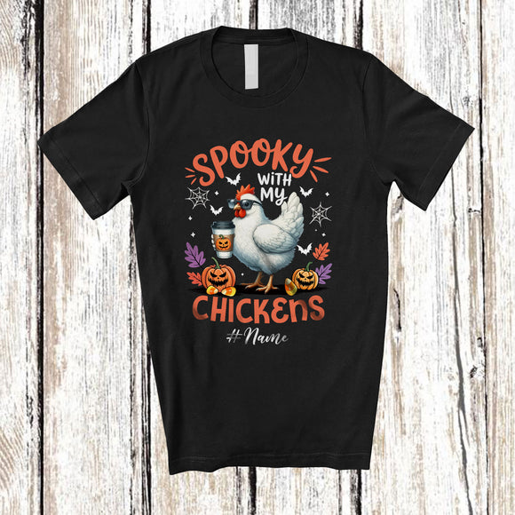 MacnyStore - Personalized Custom Name Spooky With My Chickens; Amazing Halloween Chicken Drinking Coffee T-Shirt