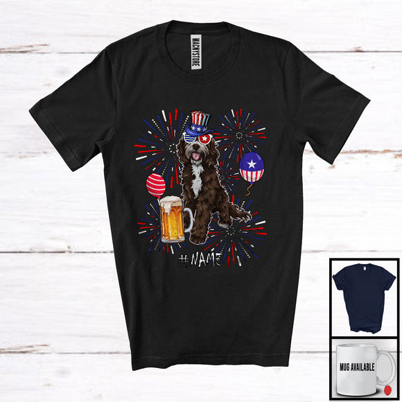 MacnyStore - Personalized Custom Name Sproodle Drinking Beer, Lovely 4th Of July Fireworks, Patriotic T-Shirt