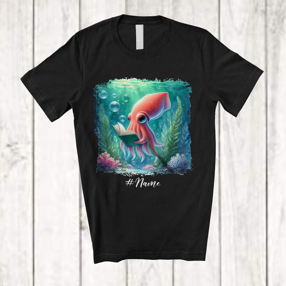 MacnyStore - Personalized Custom Name Squid Reading Book; Lovely Teacher Librarian Book Nerd; Sea Animal T-Shirt