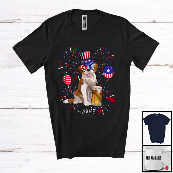 MacnyStore - Personalized Custom Name St. Bernard Drinking Beer, Lovely 4th Of July Fireworks, Patriotic T-Shirt