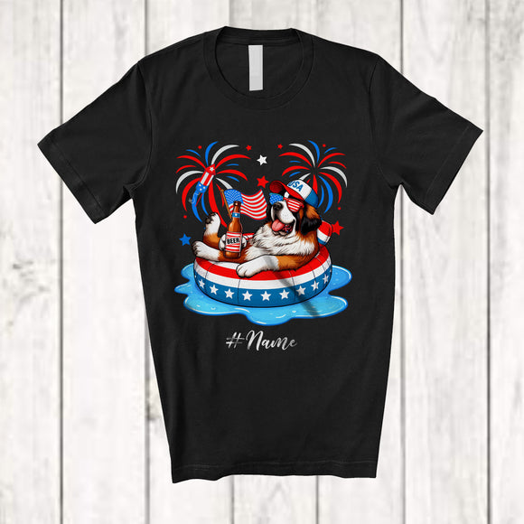 MacnyStore - Personalized Custom Name St. Bernard Drinking On Float Beach; Joyful 4th Of July Patriotic T-Shirt