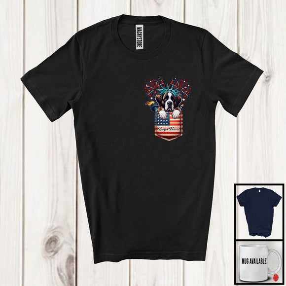 MacnyStore - Personalized Custom Name St. Bernard in Pocket, Lovely 4th Of July American Flag, Patriotic T-Shirt