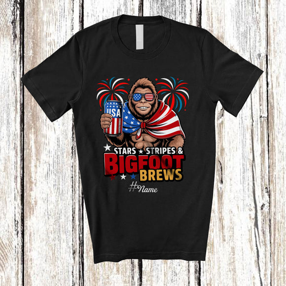 MacnyStore - Personalized Custom Name Stars Stripes Bigfoot Brews; Joyful 4th Of July Drinking Beer; Patriotic T-Shirt