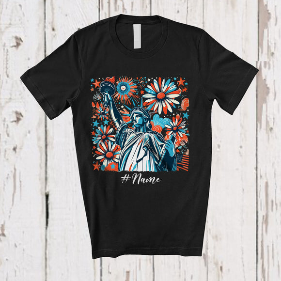 MacnyStore - Personalized Custom Name Statue of Liberty; Amazing 4th of July Flowers Fireworks; Patriotic T-Shirt