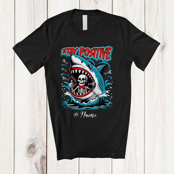 MacnyStore - Personalized Custom Name Stay Positive; Lovely Summer Vacation Skeleton In Shark; Ocean Sea T-Shirt
