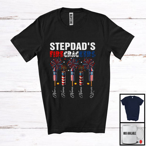 MacnyStore - Personalized Custom Name Stepdad's Firecrackers, Amazing 4th Of July Fireworks, Patriotic Family T-Shirt