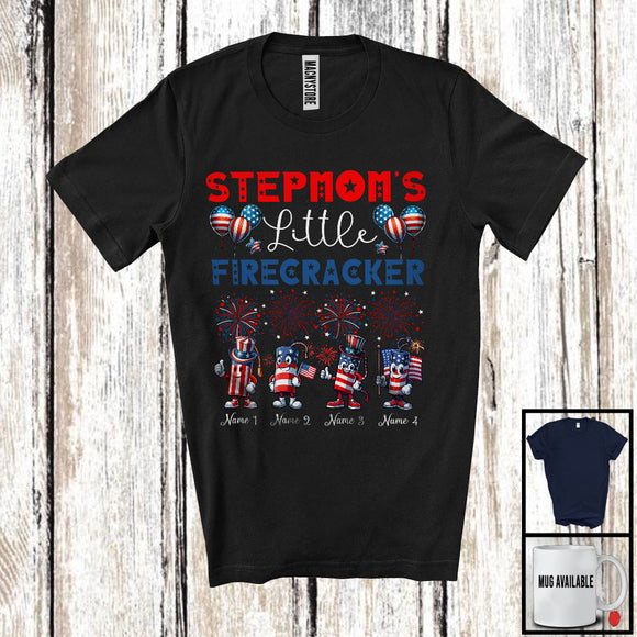 MacnyStore - Personalized Custom Name Stepmom's Little Firecracker, Proud 4th Of July Fireworks, Patriotic T-Shirt