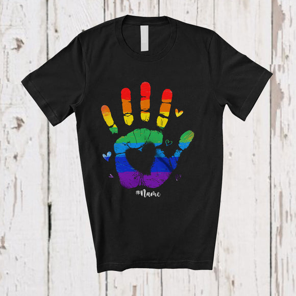 MacnyStore - Personalized Custom Name Stop Hand Rainbow; Awesome LGBTQ Pride Support Gay Flag Hearts T-Shirt