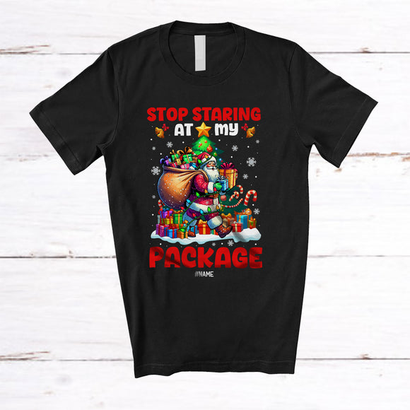 MacnyStore - Personalized Custom Name Stop Staring At My Package; Amusing Christmas Lights Santa Family T-Shirt