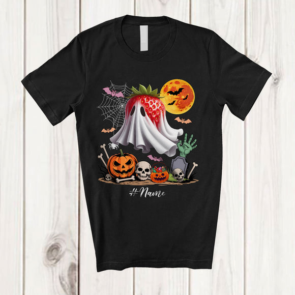 MacnyStore - Personalized Custom Name Strawberry Wearing Ghost Boo Costume; Creepy Halloween Fruit Vegan T-Shirt