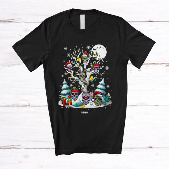 MacnyStore - Personalized Custom Name Sugar Skull Squad On X-mas Tree; Merry Christmas Lights Family T-Shirt