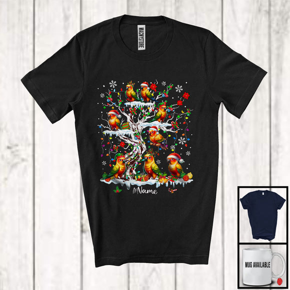 MacnyStore - Personalized Custom Name Sun Conure On Christmas Tree; Awesome X-mas Lights Santa Bird T-Shirt