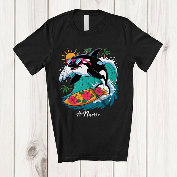 MacnyStore - Personalized Custom Name Surfing Orca; Amusing Summer Vacation Orca Sea Animal T-Shirt
