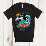 MacnyStore - Personalized Custom Name Surfing Orca; Amusing Summer Vacation Orca Sea Animal T-Shirt