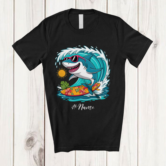 MacnyStore - Personalized Custom Name Surfing Shark; Amusing Summer Vacation Shark Sea Animal T-Shirt