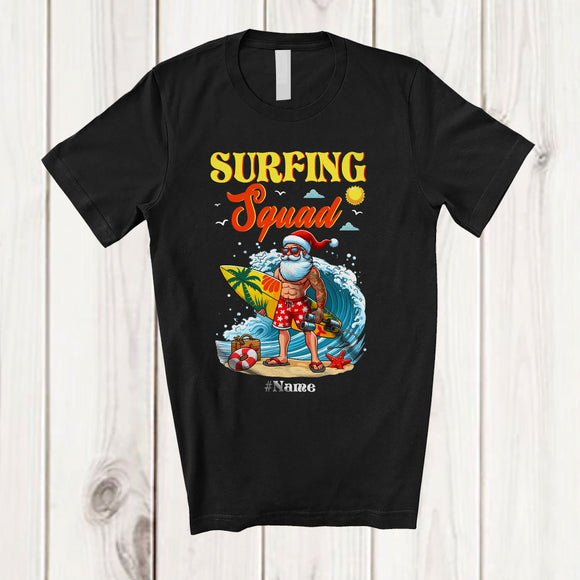 MacnyStore - Personalized Custom Name Surfing Squad; Joyful Summer Christmas In July Santa Hawaiian T-Shirt
