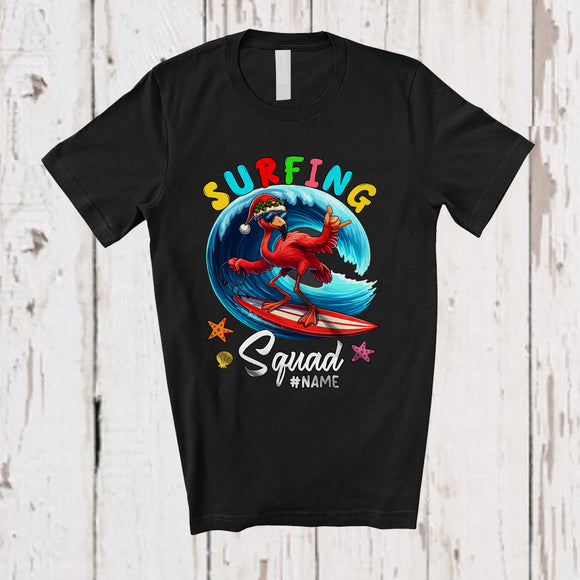 MacnyStore - Personalized Custom Name Surfing Squad; Joyful Summer Vacation Christmas In July Flamingo Hawaii T-Shirt