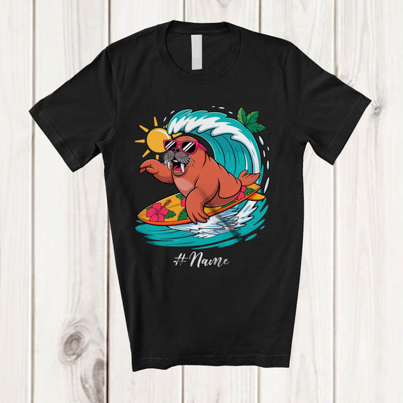 MacnyStore - Personalized Custom Name Surfing Walrus; Amusing Summer Vacation Walrus Sea Animal T-Shirt