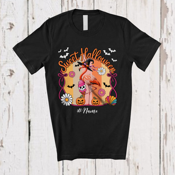 MacnyStore - Personalized Custom Name Sweet Halloween; Joyful Summer Witch Flamingo Eating Ice Cream T-Shirt