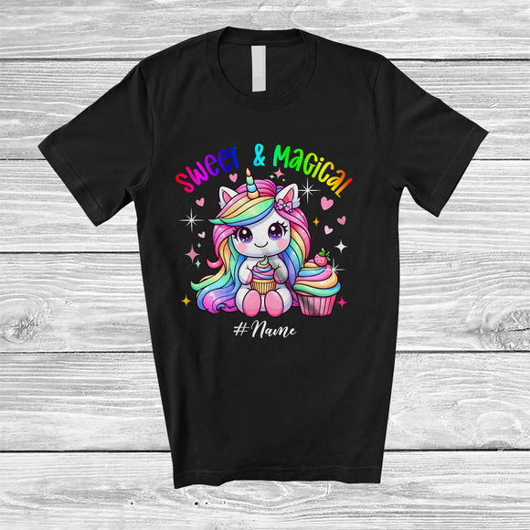 MacnyStore - Personalized Custom Name Sweet Magical; Adorable Unicorn Eating Cupcake; Girls Women Family T-Shirt