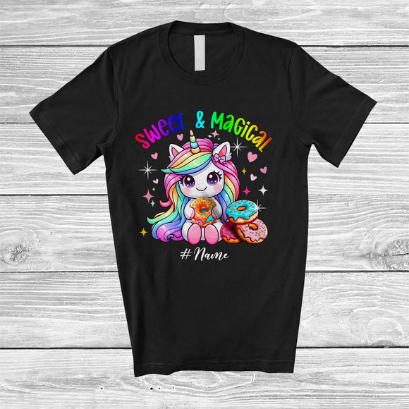 MacnyStore - Personalized Custom Name Sweet Magical; Adorable Unicorn Eating Donut; Girls Women Family T-Shirt