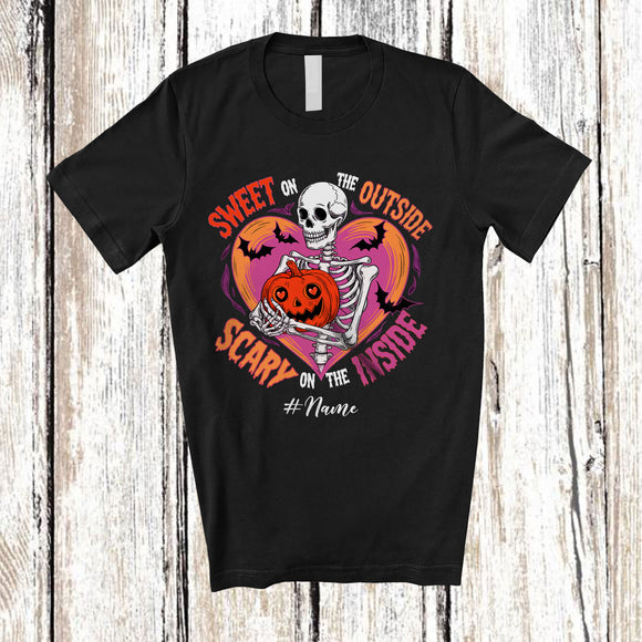 MacnyStore - Personalized Custom Name Sweet Outside Scary Inside; Humorous Halloween Skeleton Heart T-Shirt