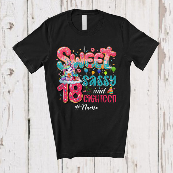 MacnyStore - Personalized Custom Name Sweet Sassy Eighteen 18th Birthday; Lovely Unicorn Donut Family T-Shirt