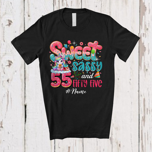 MacnyStore - Personalized Custom Name Sweet Sassy Fifty Five 55th Birthday; Lovely Unicorn Donut Family T-Shirt