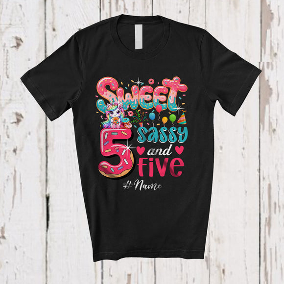 MacnyStore - Personalized Custom Name Sweet Sassy Five 5th Birthday; Lovely Unicorn Donut Family T-Shirt