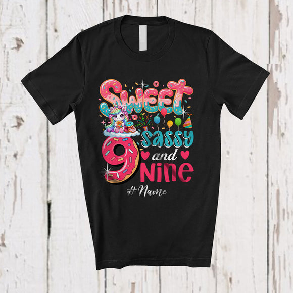 MacnyStore - Personalized Custom Name Sweet Sassy Nine 9th Birthday; Lovely Unicorn Donut Family T-Shirt