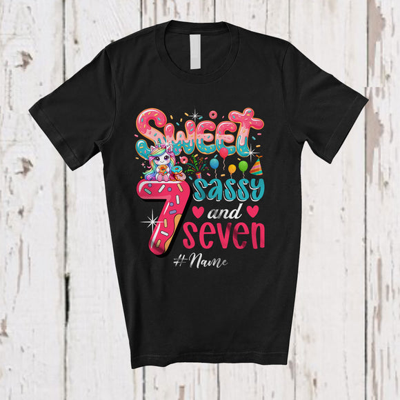 MacnyStore - Personalized Custom Name Sweet Sassy Seven 7th Birthday; Lovely Unicorn Donut Family T-Shirt