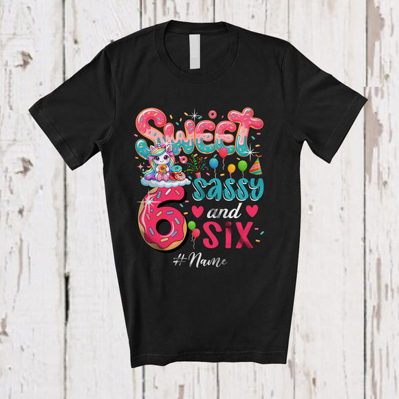 MacnyStore - Personalized Custom Name Sweet Sassy Six 6th Birthday; Lovely Unicorn Donut Family T-Shirt